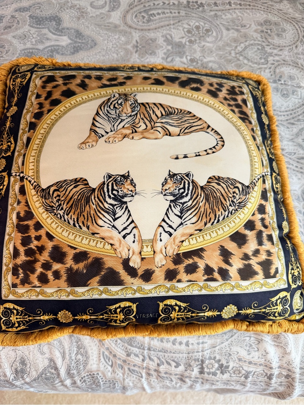 VERSACE Black Gold and Tan Tiger Motif Silk Decorative Pillow